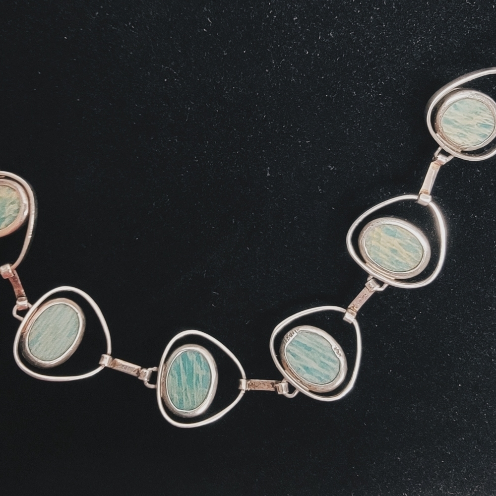 VINTAGE Sterling Silver Bracelet with Amazonite Cabachons - Picture 5 of 7